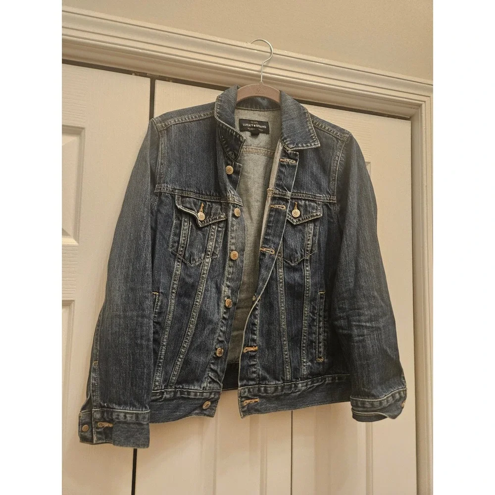Lucky Brand Mens Denim Trucker Jacket Dark Wash Blue Size M Classic Jean Jacket